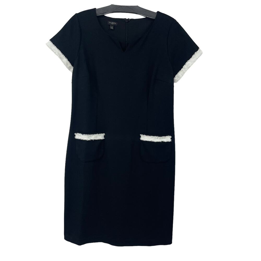 Talbots Short Sleeve Raw White Trim Black Sheath Dress Front Pockets 10 Petite